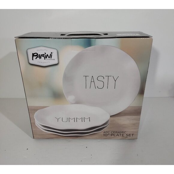 Parini 4 Piece Ceramic 10 Inch Plate Set White Black Tasty Yum Cottagecore NIB - Picture 2 of 6
